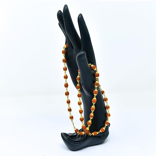 Golden Cap Rudraksha Mala (108+1 Beads) – Original 5 Mukhi Himalayan Rudraksha Mala with Authenticity Certificate | Handmade Spiritual Japa Mala for Meditation & Pooja