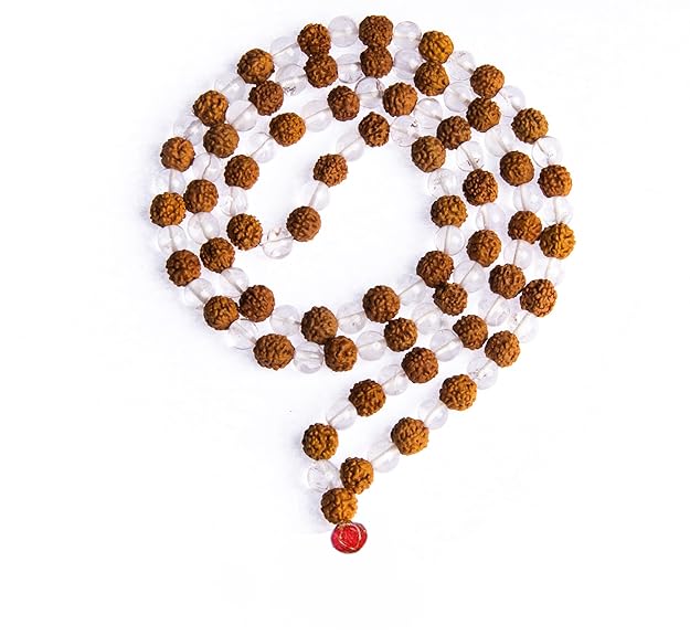 Rudrapooja Clear Quartz Panchmukhi Rudraksha Japa Mala (108+1 Beads)