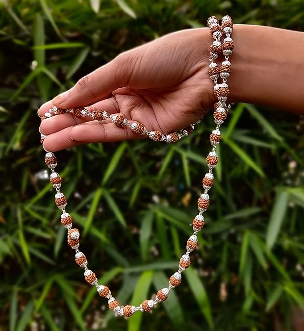 Authentic 5 Mukhi Rudraksha Mala with Silver Caps (54+1 Beads) – Panchmukhi Himalayan Japa Mala for Meditation & Pooja