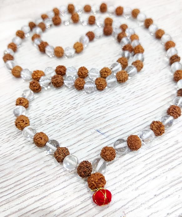 Rudrapooja Clear Quartz Panchmukhi Rudraksha Japa Mala (108+1 Beads)