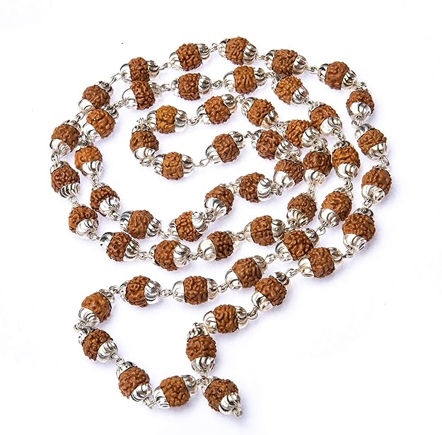 Authentic 5 Mukhi Rudraksha Mala with Silver Caps (54+1 Beads) – Panchmukhi Himalayan Japa Mala for Meditation & Pooja